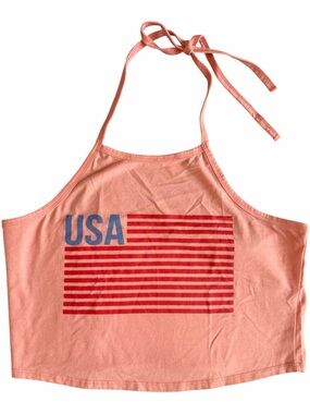Isaac Morris Women’s Medium USA Flag Graphic Halter Crop Top Coral Pink